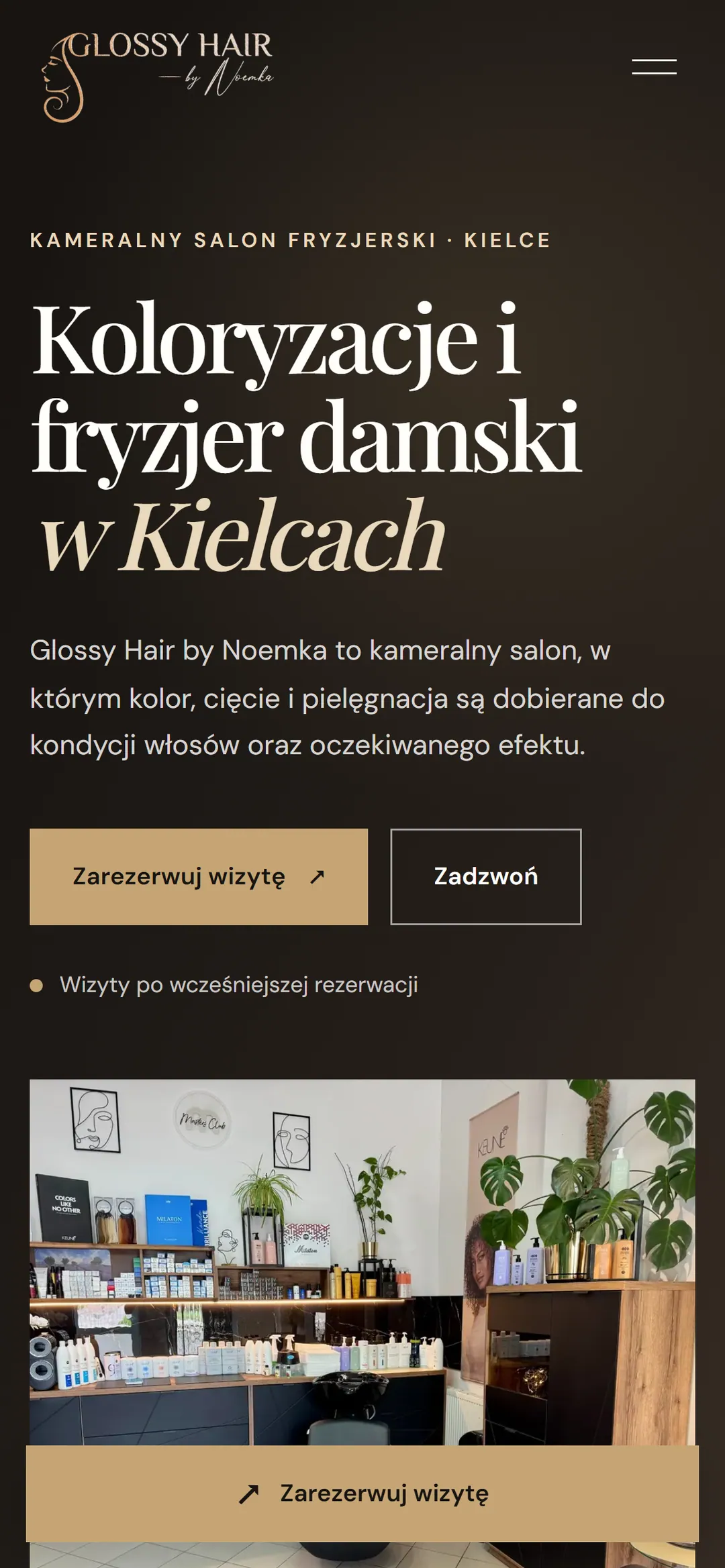 Strona Glossy Hair by Noemka na telefonie z przyciskiem rezerwacji wizyty