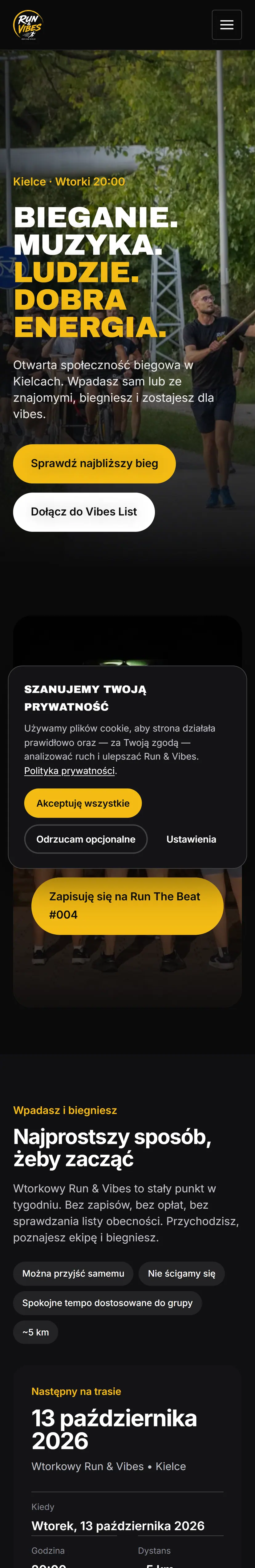 Strona Run & Vibes na telefonie z przyciskiem „Sprawdź najbliższy bieg”